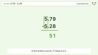 Long Subtraction Problem 5.79-5.28: Step-by-Step Video Solution