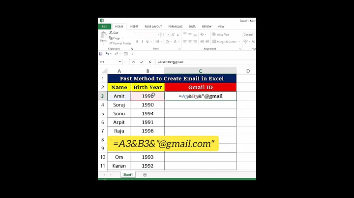 Simple formula to create Email Address in Excel Excel tips💯 Trick #shorts #excel #excelbasics #short