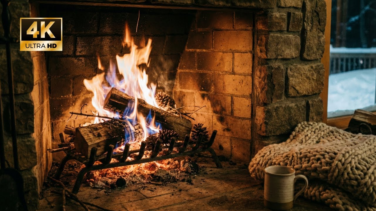 Crackling Fireplace at Night 🔥 Calming Cabin Ambience for Deep Relaxation (4K)
