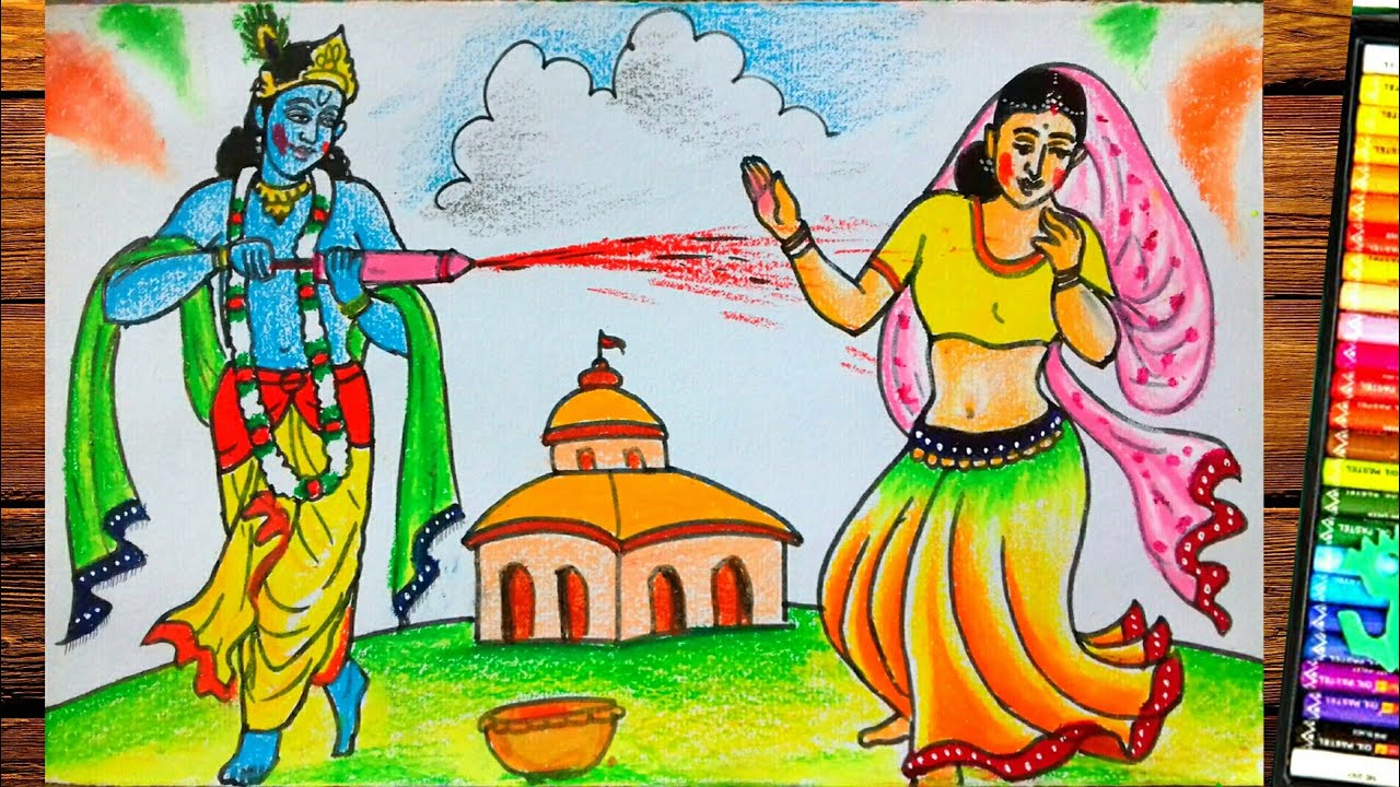 Happy Holi Drawingradhakrishna Holi Drawing Oil Pastel Color Youtube