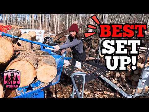 Hard Working Woman Splitting Ash Rounds Into Perfect Firewood With the Birch Log Splitter