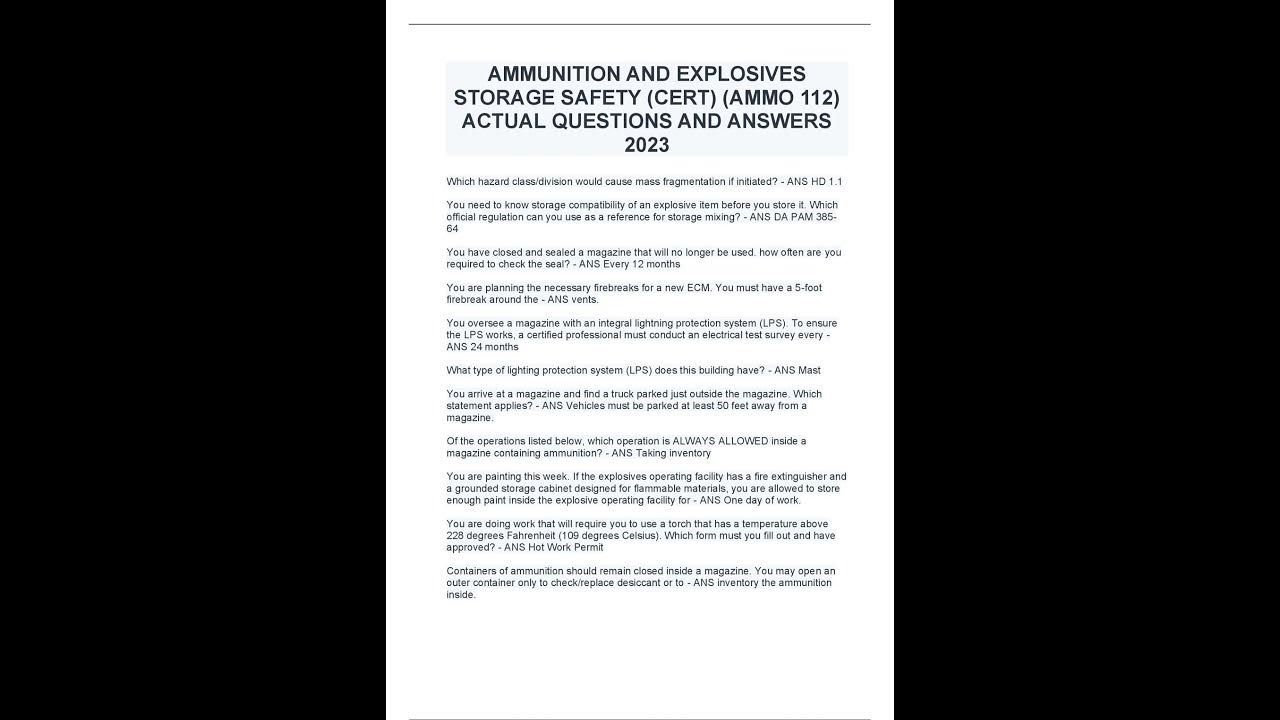AMMUNITION AND EXPLOSIVES STORAGE SAFETY CERT AMMO 112 ACTUAL QUESTIONS