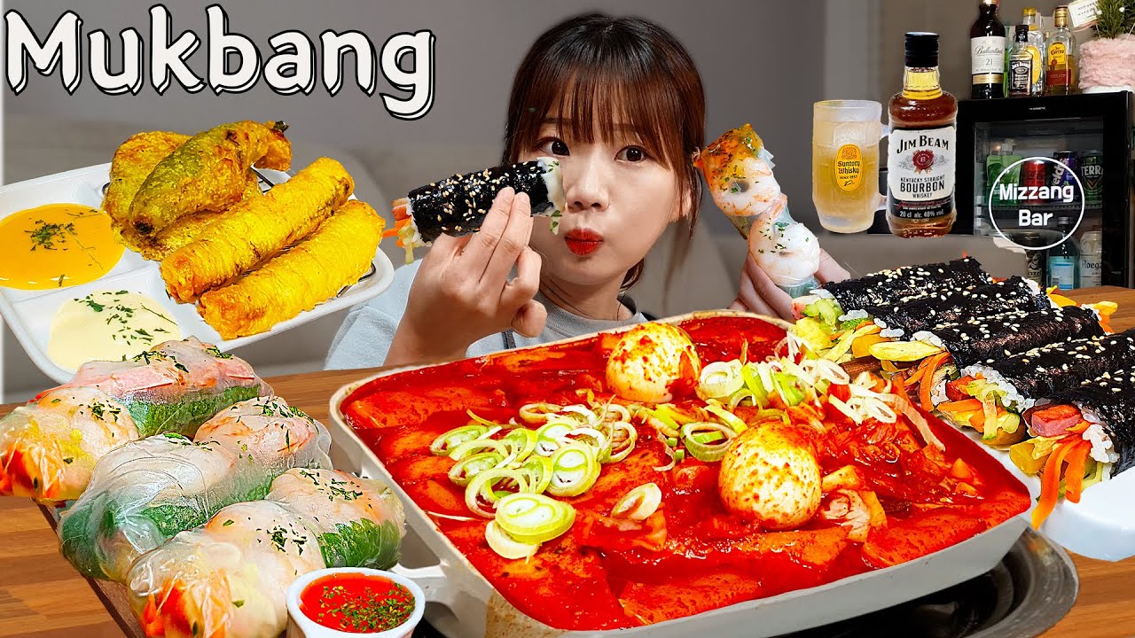 Sub)Real Mukbang- Острый Ттокбокки 🔥 Кимбап 🍙 Вьетнамские роллы 🌯 Жареная еда 🍤 Хайбол 🥂 АСМР