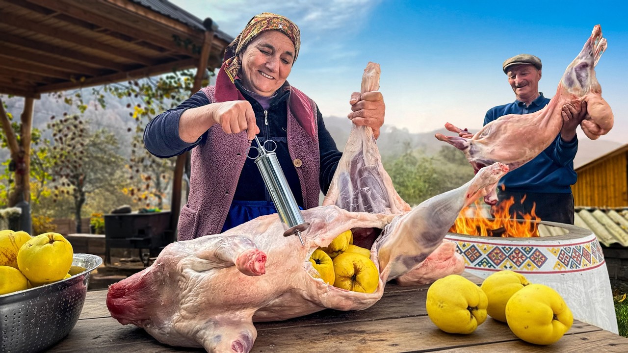 Roasting Crispy Lamb Stuffed With Quince In The Countryside
