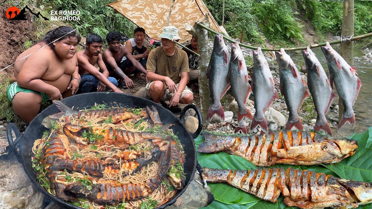 Wildness Cooking in Jungle Deep Fry Fish with Thukpa Noodles Near River Side Outdoor Jungle Camping