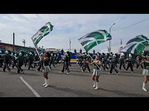 Dinuba High School and Colorguard at the 2025 Selma Band Review. Parade
