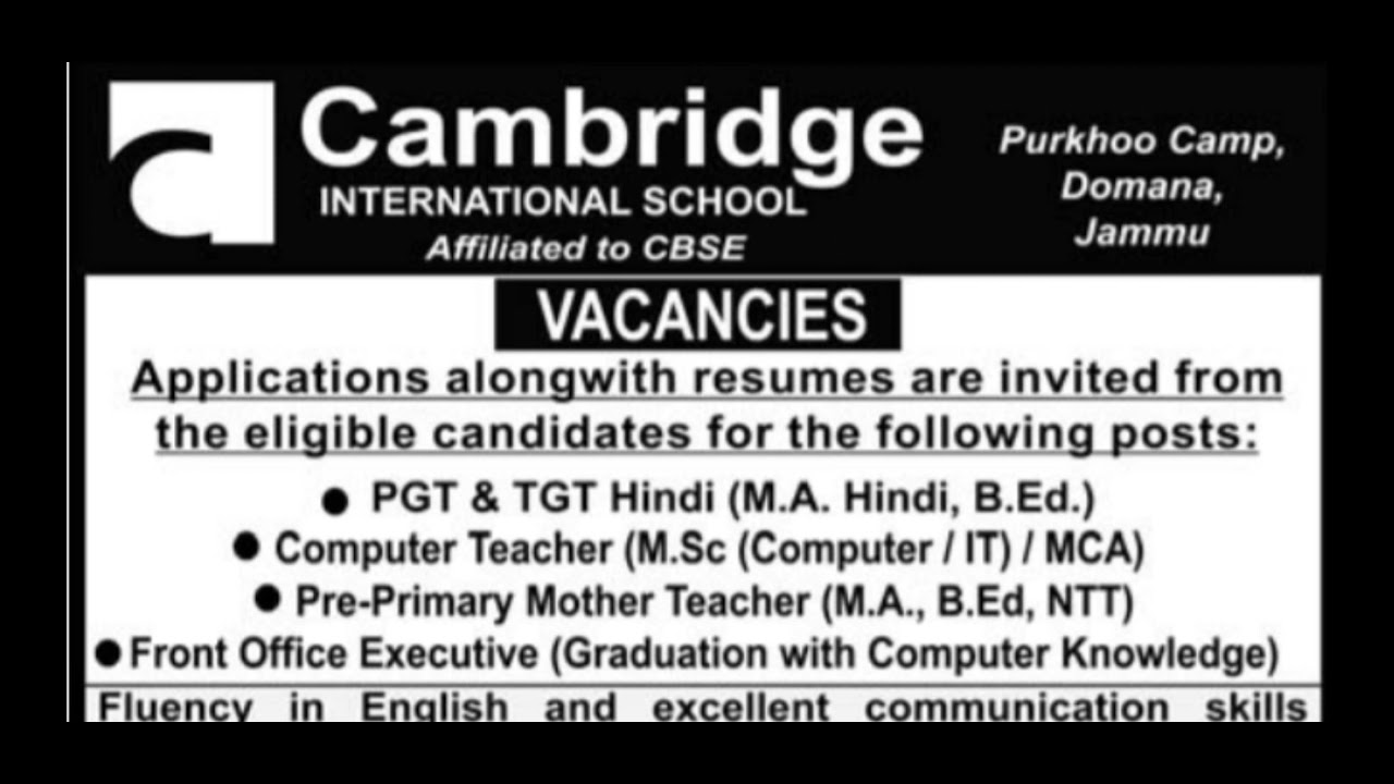 Cambridge International School Domana Jammu JOBS YouTube