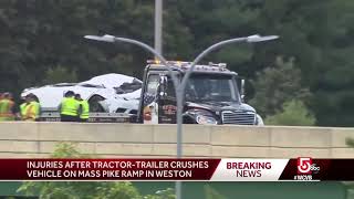 Driver flown to hospital after tractor-trailer rolls over onto his vehicle
