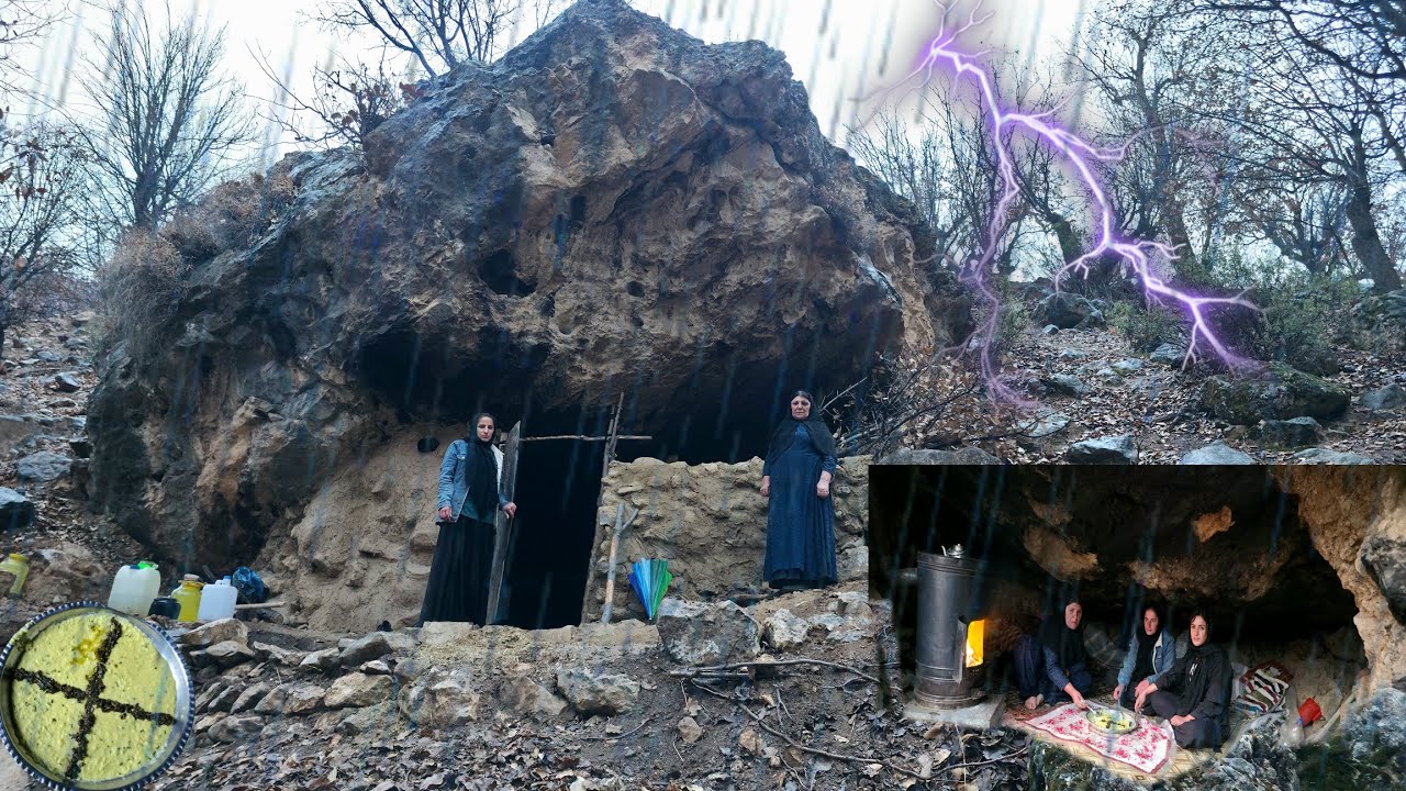 Жизнь кочевых женщин в пещере. Дождливый и холодный день, борьба за выживание в пещере.