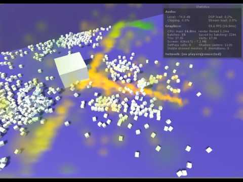 Fun test of a particle system colliding with lots of cubes