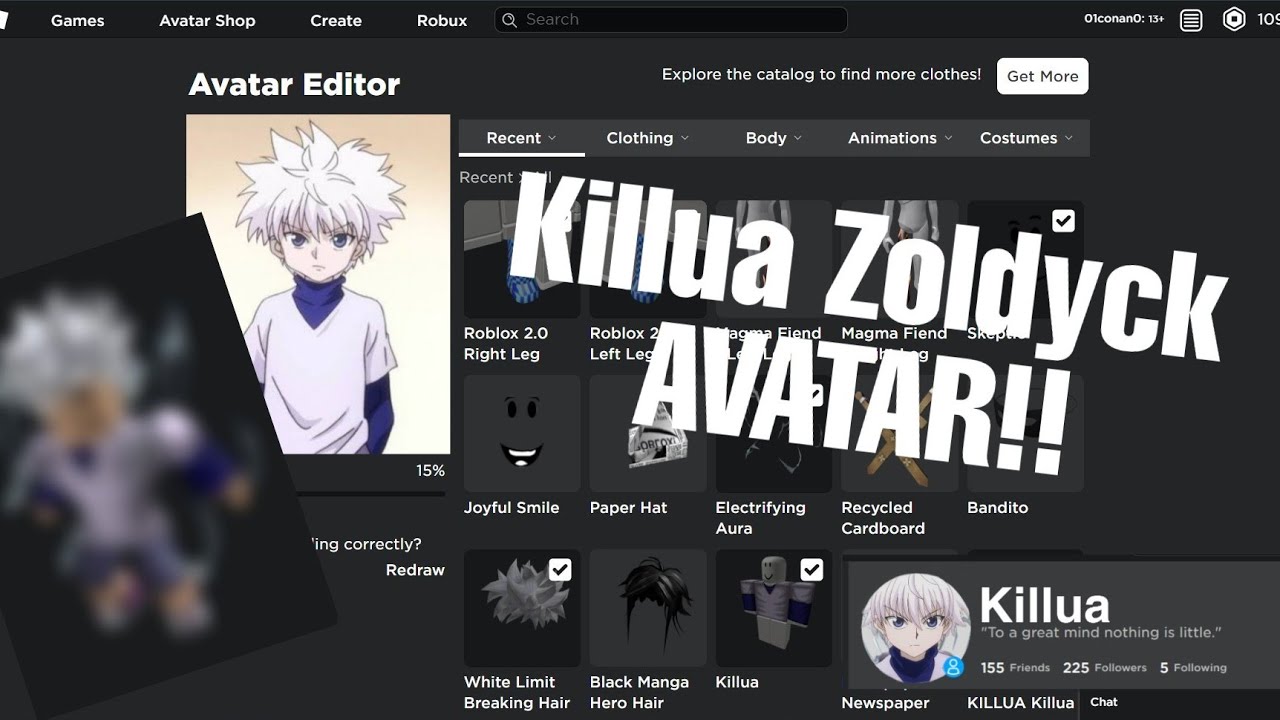 Killua Zoldyck Roblox Avatar Hxh Youtube - roblox hisoka face