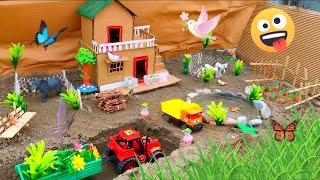 Mini Farm || making garden, tractor parking, fish pond, chair, wood.#14