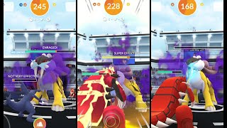 Shadow Raikou Raid with Primal Groudon and Ground Counters in Pokémon GO, 4 Trainers