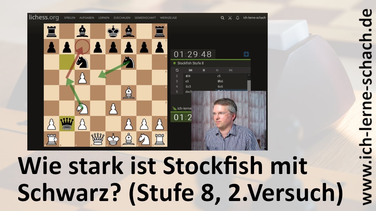 Wie stark ist Stockfish auf Lichess, Stufe 8 mit Schwarz? (2.ter Versuch)