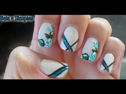 Rosas Azul com Glitter Manual Bela e Simples Nail Art