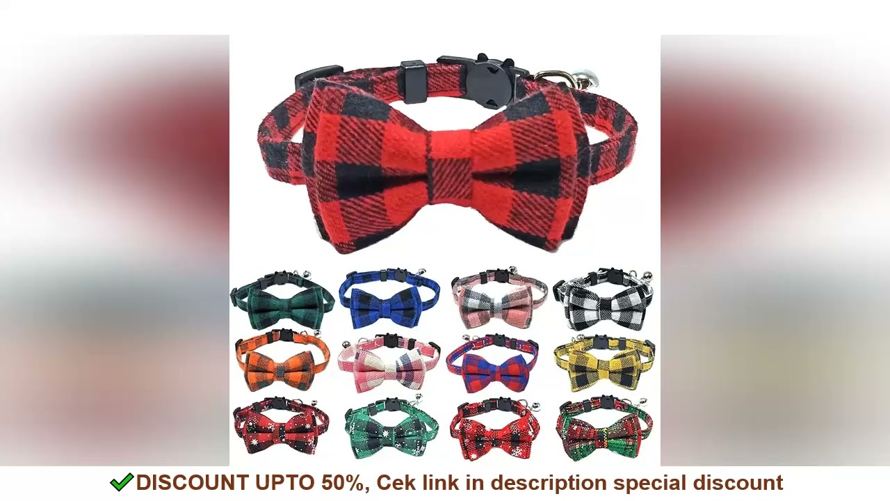 Pet Breakaway Cat Collar Bow Tie and Bell Cute Plaid Christmas Red Elastic Adjustable Dog Collar Wit