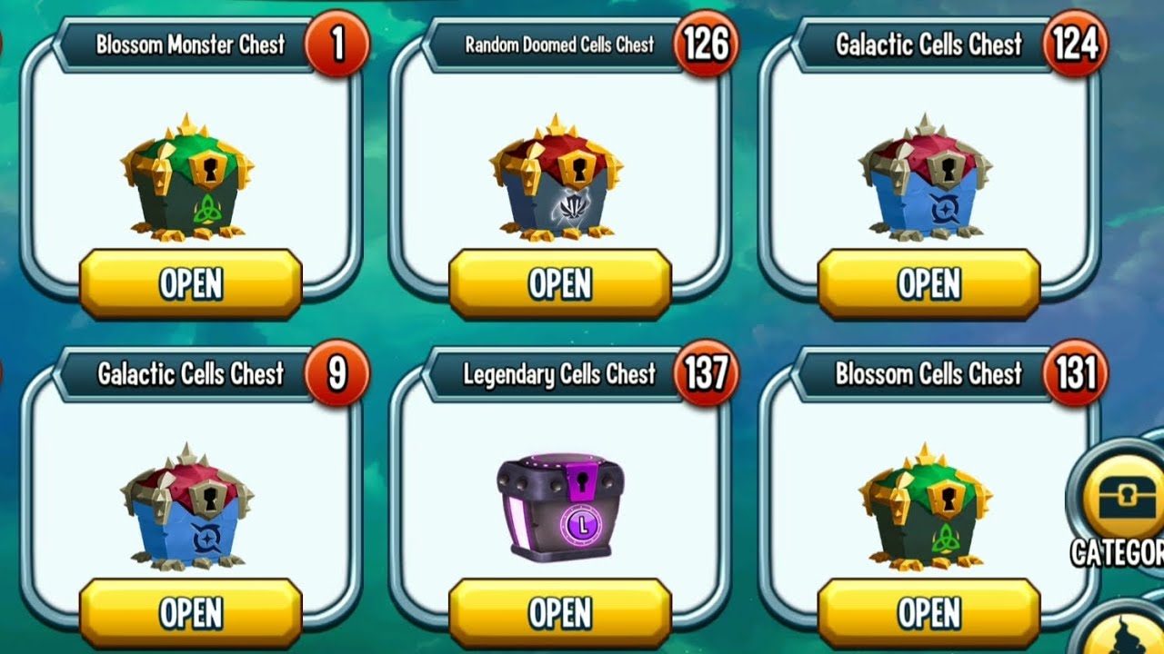 Monster legends Blossom Cells Chest (x131) Random Doomed Cells Chest (x126) Galactic Chest (x124)