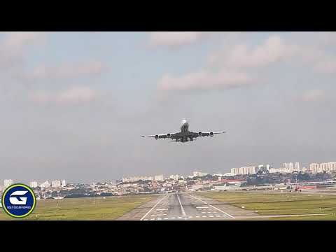 Decolagem do Boeing 747-830 da Lufthansa após desvio para Guarulhos por mau tempo em Ezeiza