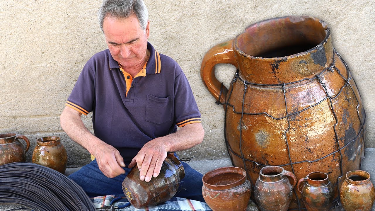 Обмотка глиняных горшков для укрепления изломов и трещин на их поверхности
