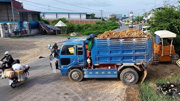 NICELY! START PROJECT LANDFILL BY Smart Driver 5T Trucks Unloading Soil & Dozer KOMATSU D31P Pushing