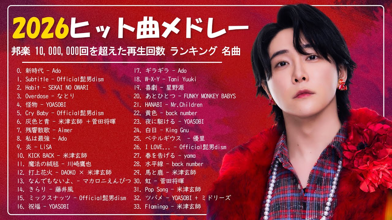 【最新曲 2026】新曲 2026 JPOPメドレー 🍒 邦楽ヒット曲ランキング 🍒日本最高の歌メドレー | Sekai no Owari, ミセス、YOASOBI、あいみょん、Ado