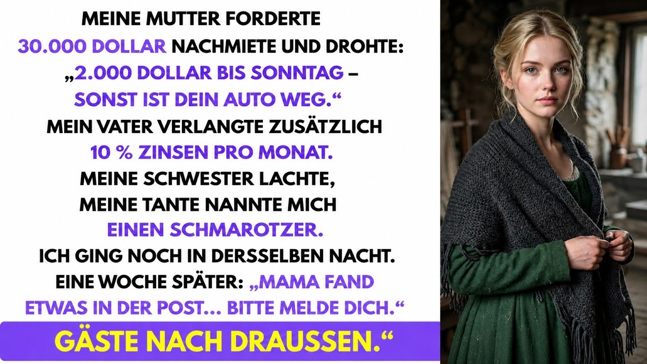 Meine Mutter knallte mir eine Rechnung über 3'000 Dollar Mietschulden auf den Teller, während das Abendessen noch dampfte. Mein Vater drohte, mein Auto zu verkaufen, und meine Schwester machte ein...