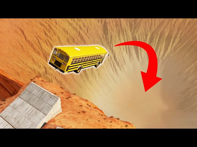 DRIVING A SCHOOL BUS INTO A GIANT CRATER?! (BeamNG Drive) class=