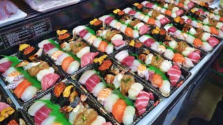 Wow a variety of fresh fish sushi, sashimi seafood market - korean street food