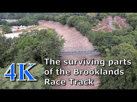 The surviving parts of the Brooklands Race Track June 2017 from above, in 4k UHD