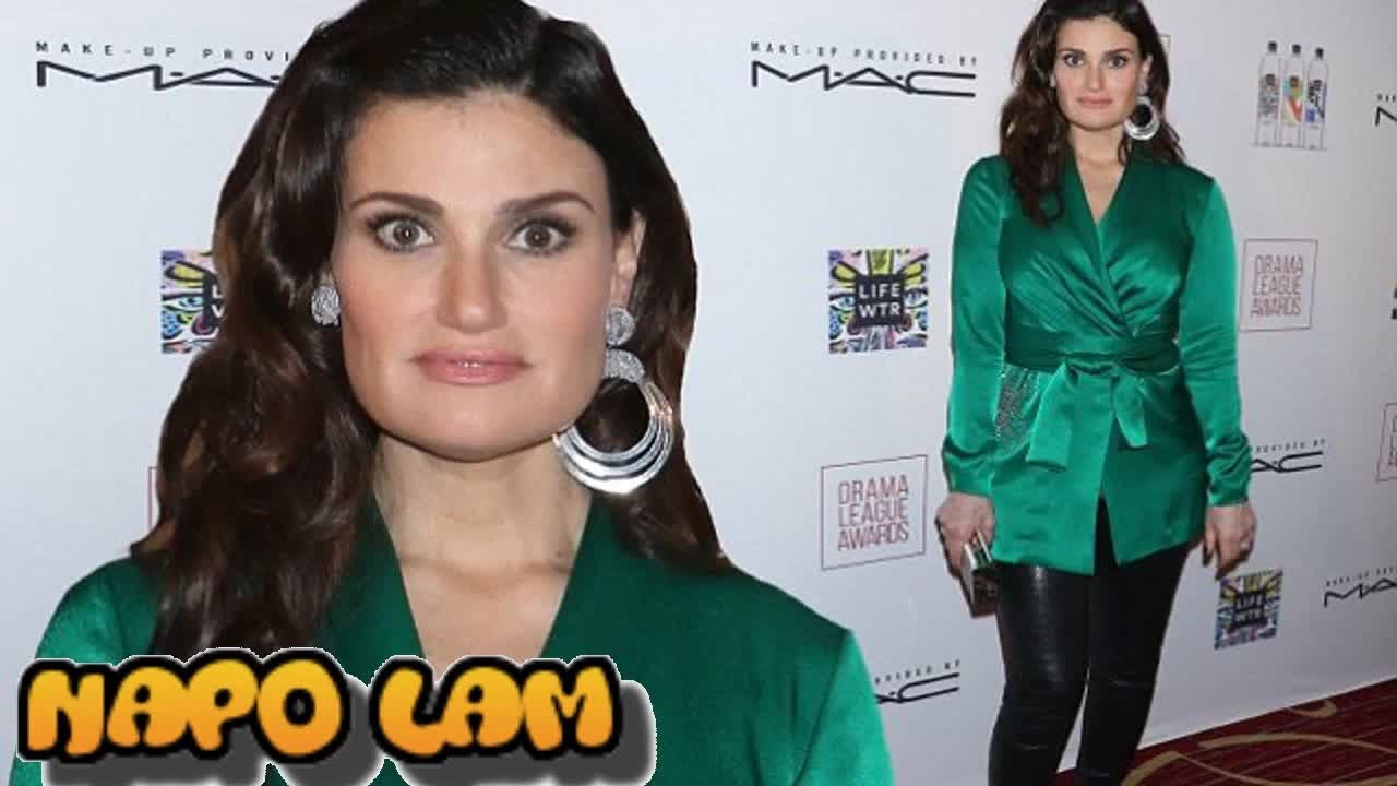 Idina Menzel sports satin green jacket with leather leggings for Drama League ...