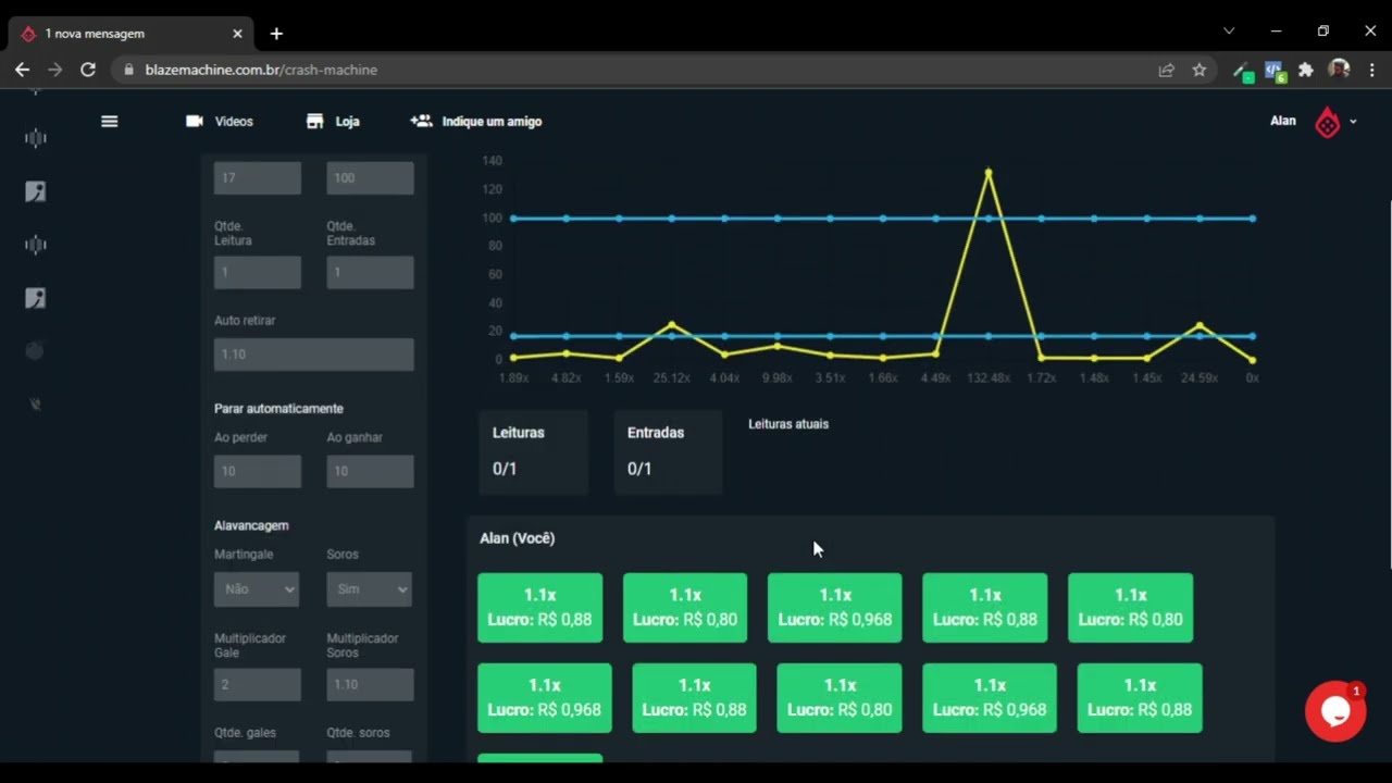 132% de lucro em 1 dia – Operando no Crash da Blaze com automação Crash Machine