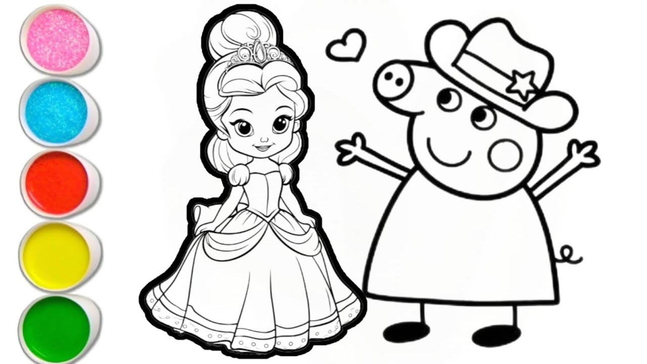 Drawing Princess Papi Peppa pig with princess drawing and coloring for kids and toddlers ...
