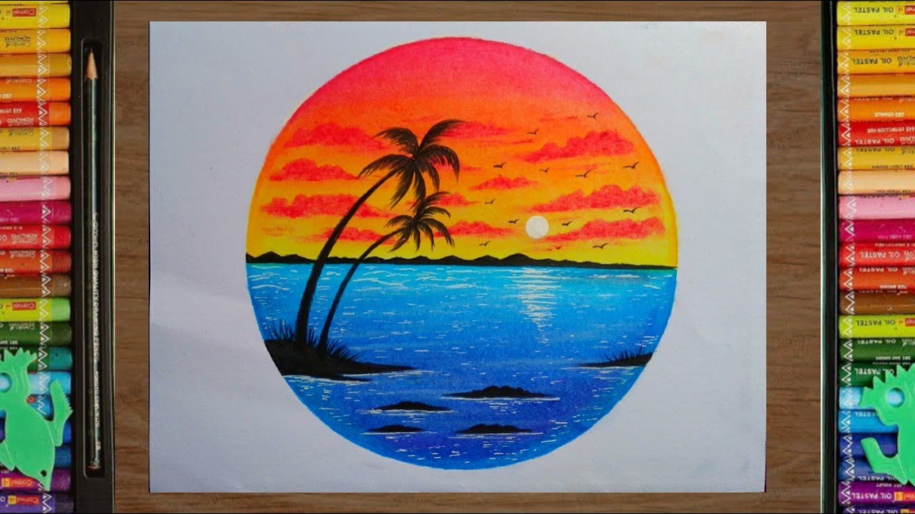 Circle sunset scenary drawing with oil pastel || for beginners || step ...