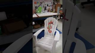 This video shows how to install a regular everyday vinyl graphic on a plastic Adirondack chair. The graphic is a custom vinyl decal 