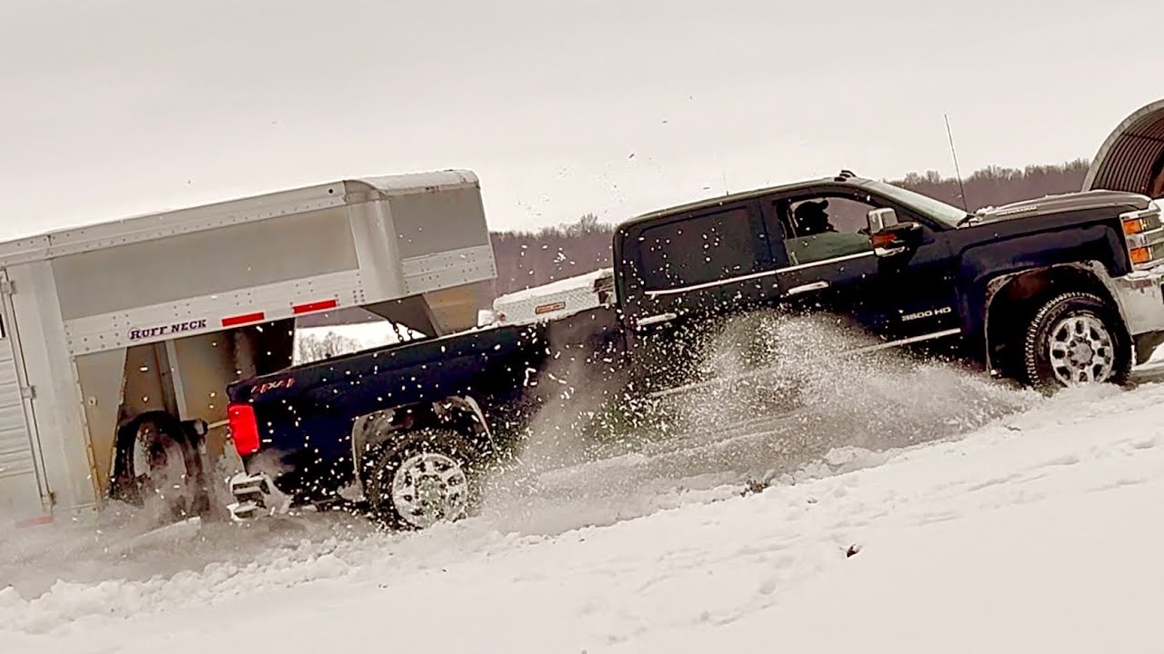 Cummins pulls Duramax loaded with 30 heifers uphill in reverse. - YouTube