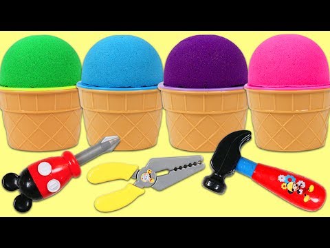 KINETIC SAND Ice Cream Cup Surprise Toys Opening with Mickey Mouse Tools!