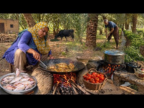 حياة امرأة ريفية في جنوب إيران | بين البستان،سقي المزرعة وطبخ السمك ، والمطبخ التقليدي 🌴🐟