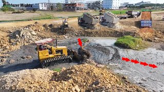 Wonderful Skill Operator Bulldozer KAMATSU Push Soil & Stone​ Delete​ Lake​, Dump Truck Unloading