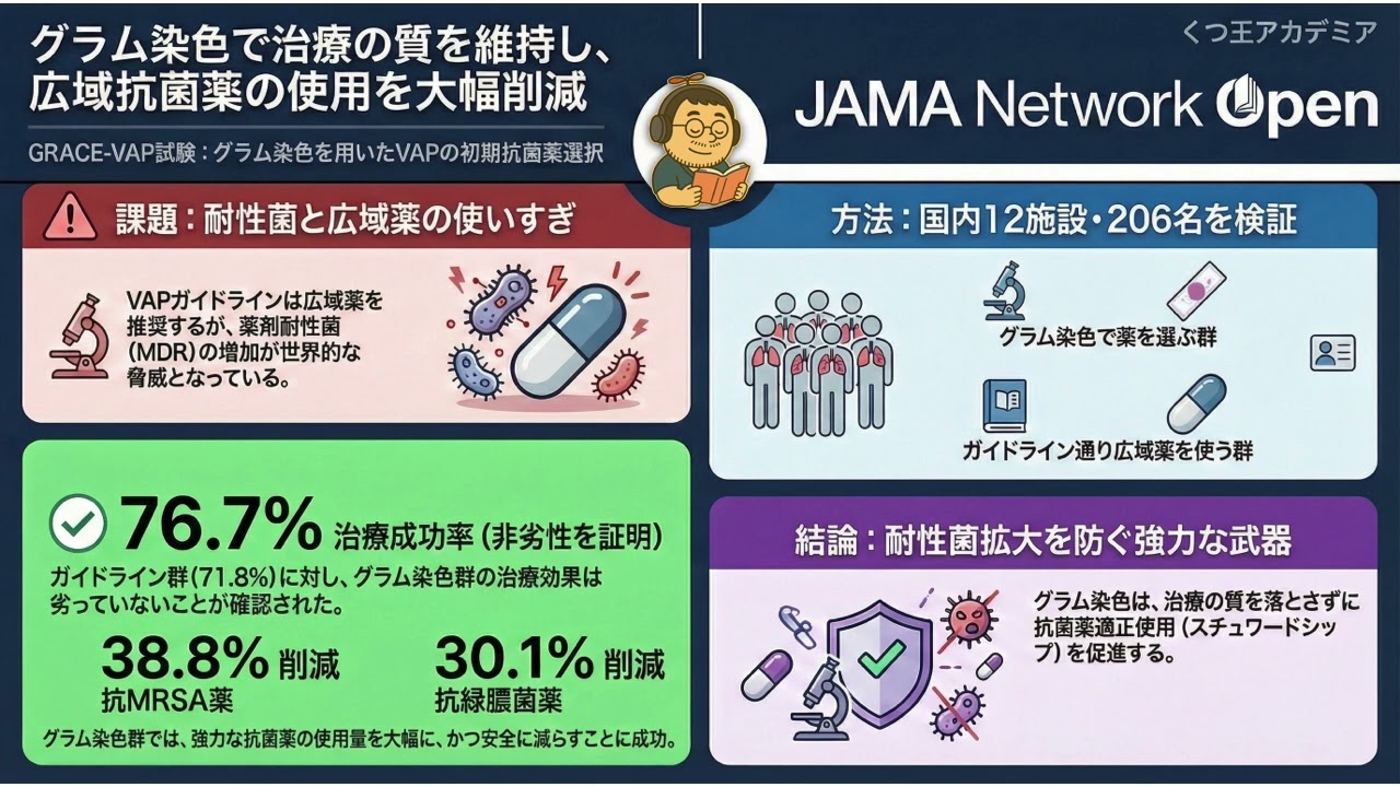 【医療者向け・音声のみ】人工呼吸器関連肺炎へのグラム染色ガイド治療、広域抗菌薬を安全に削減し治療効果は非劣性：GRACE-VAP試験の結果　JAMA Network Open