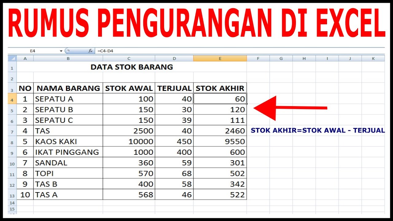 Rumus Pengurangan Di Excel