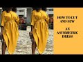 How to cut and sew a simple dress with asymmetric Neckline and  sleeves. (kimono Dress design)