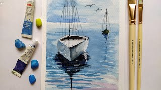 How to paint reflection in water with watercolor/seascape painting/boat painting/watercolor tutorial