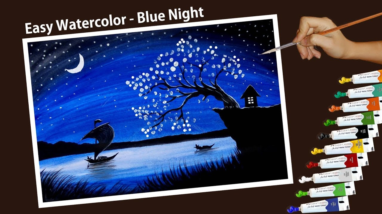 Night Scenery Drawing with Water Color - Step by Step - YouTube