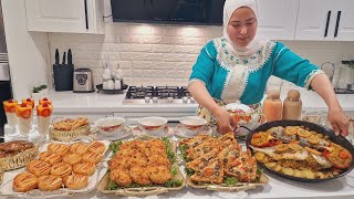 تاسع فطور رمضان شهيوات متنوعةمن تحلية حتى للسحور مملحات بدون عجن ميني كيك هشيش عصائر طاوة سمك معلكة