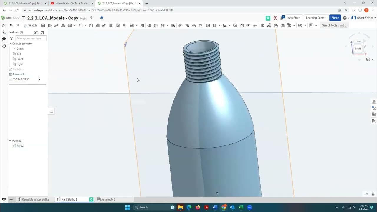 Using revolve to create a single use water bottle on onshape poe