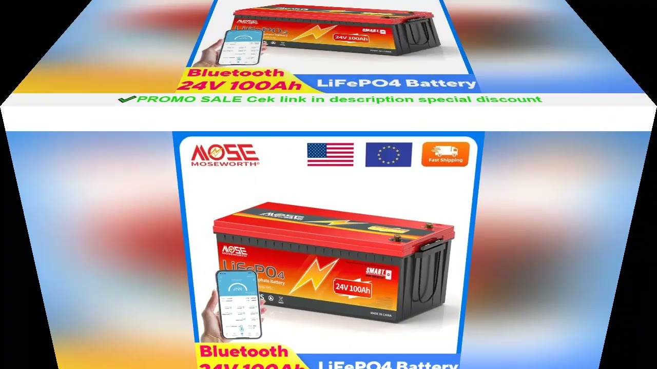 MOSEWORTH 24V 100Ah LiFePO4 Battery Pack Lithium Iron Phosphate Batteries Built-in Bluetooth BMS 800