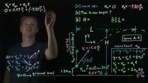 Projectile motion example (time to max height, max height, and corresponding horizontal travel)