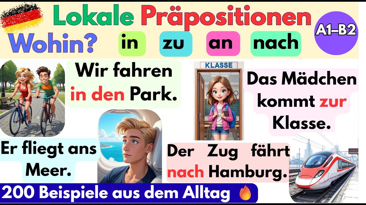 Lokale Präpositionen 🤔 Wohin? | 200 Beispiele aus dem Alltag  A1–B2 🔥