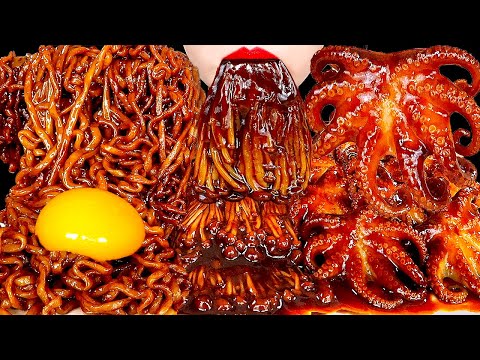 ASMR BLACK BEAN ENOKI MUSHROOMS BABY OCTOPUS <strong>TRUFFLE</strong> BLACK BEAN NOODLES 짜장불닭팽이버섯 트러플짜파게티 먹방 MUKBANG