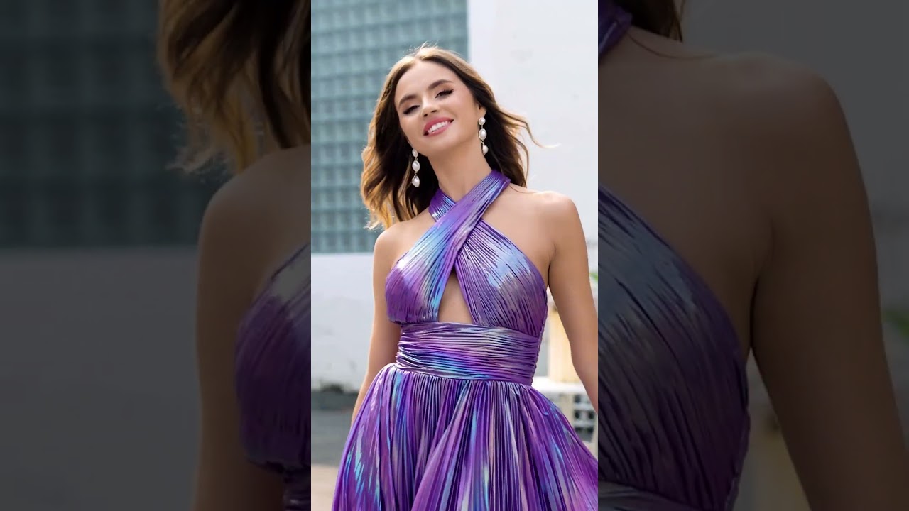 Dark Purple A-Line Halter Pleated Sparkly Prom Dress With Slit 